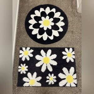 Circle + Rectangle Daisies Flowers Rugs Set Navy Yellow White